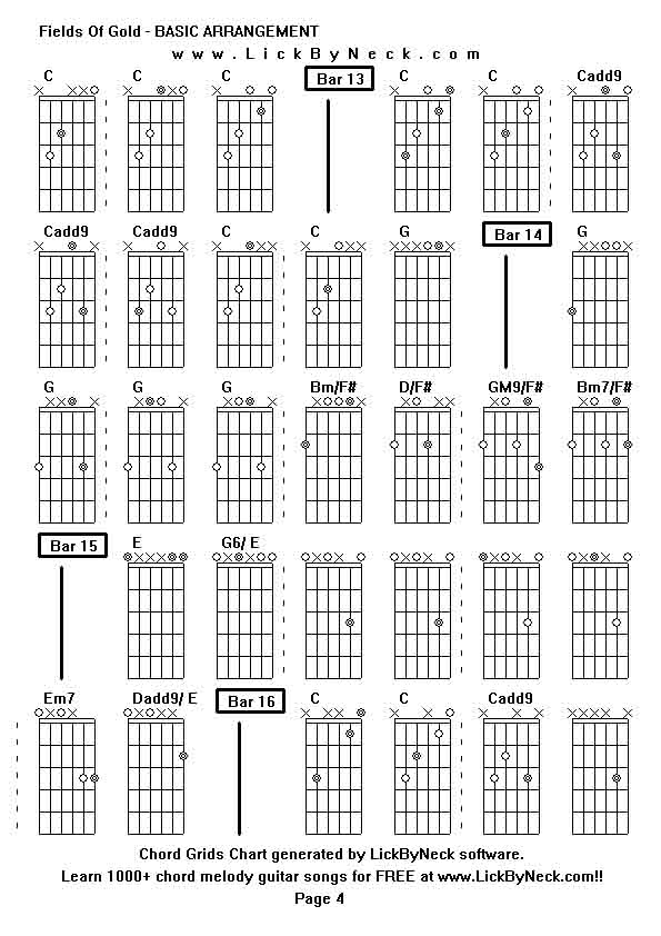 Chord Grids Chart of chord melody fingerstyle guitar song-Fields Of Gold - BASIC ARRANGEMENT,generated by LickByNeck software.